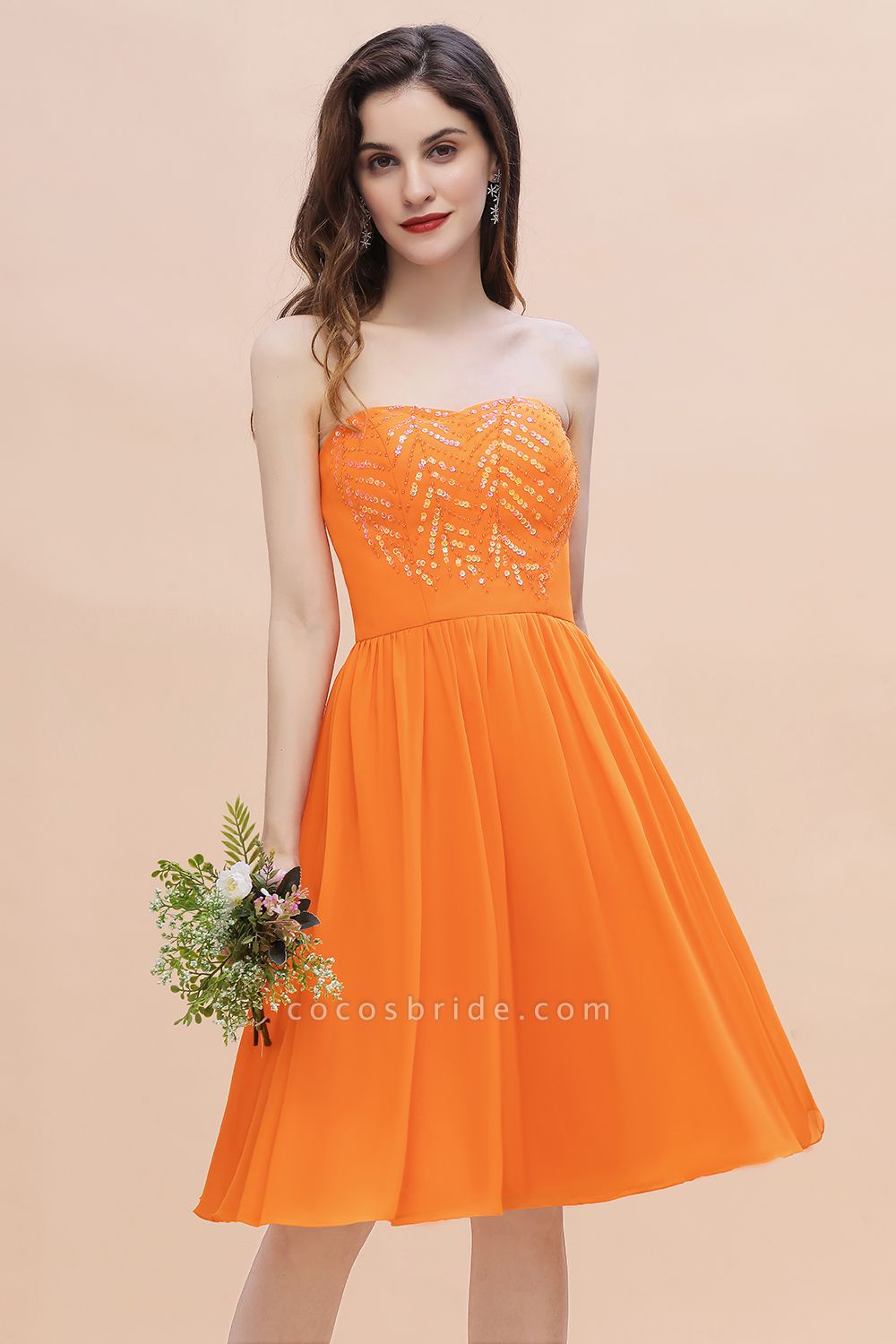 Orange Sequins A-Line Strapless Knee-length Chiffon Bridesmaid Dress