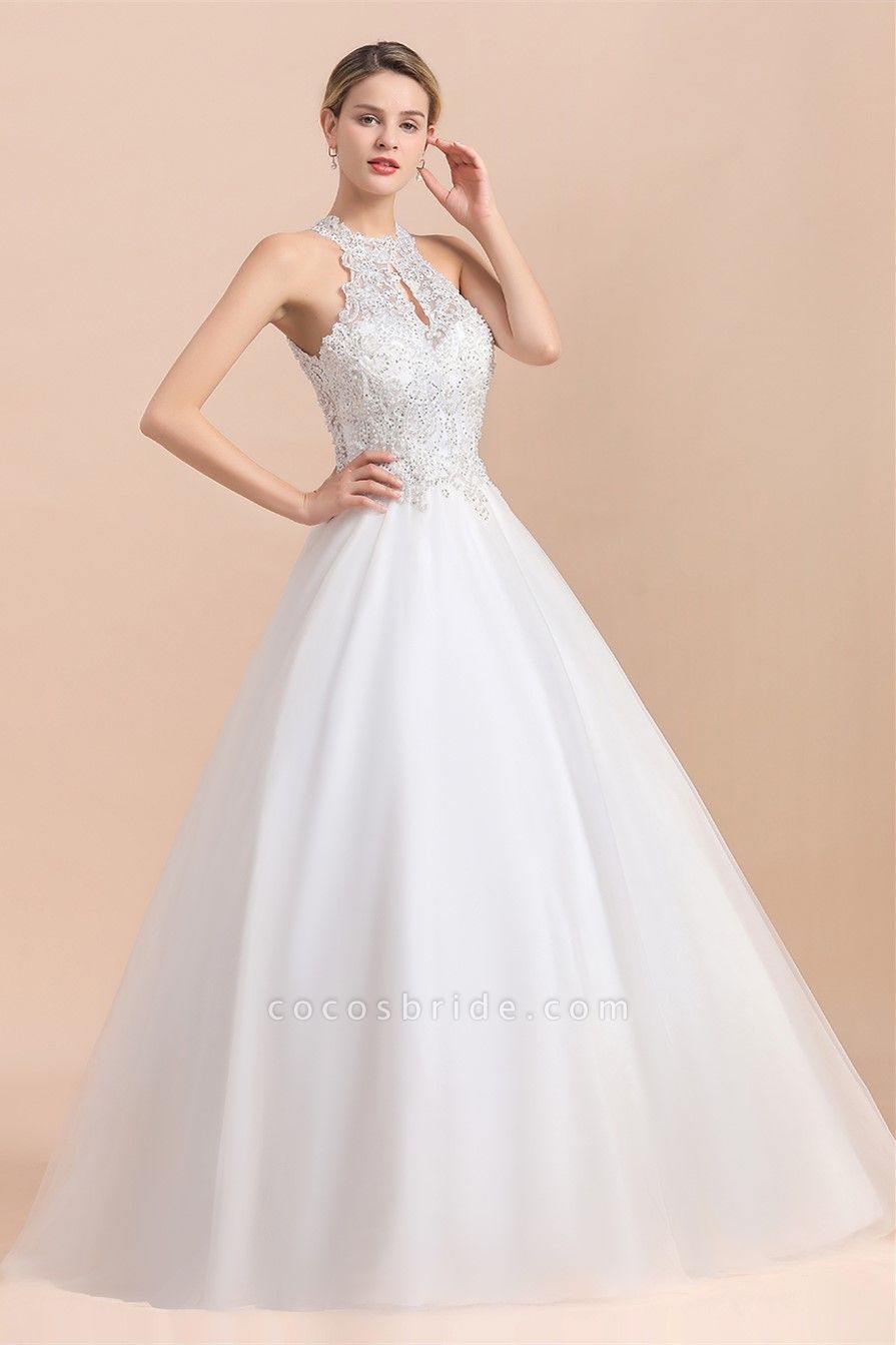 Halter Lace Appliques A-line Sequins Sleeveless Wedding Dress