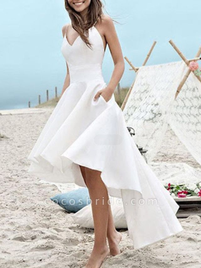 A-Line Wedding Dresses V Neck Spaghetti Strap Asymmetrical Satin Sleeveless Simple Little White Dress 1950s