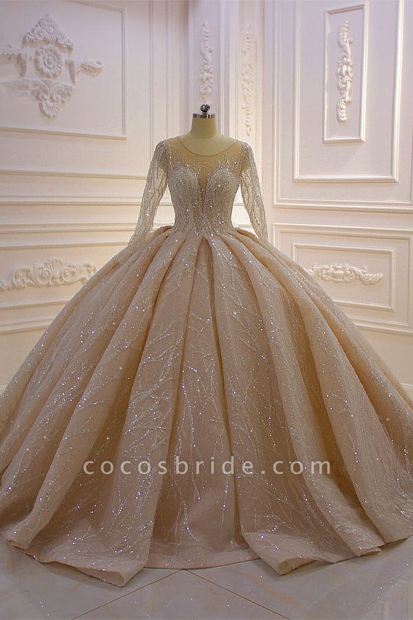 Gorgeous Bateau Crystal Long Sleeve Ruffles Floor-length Ball Gown Wedding Dress