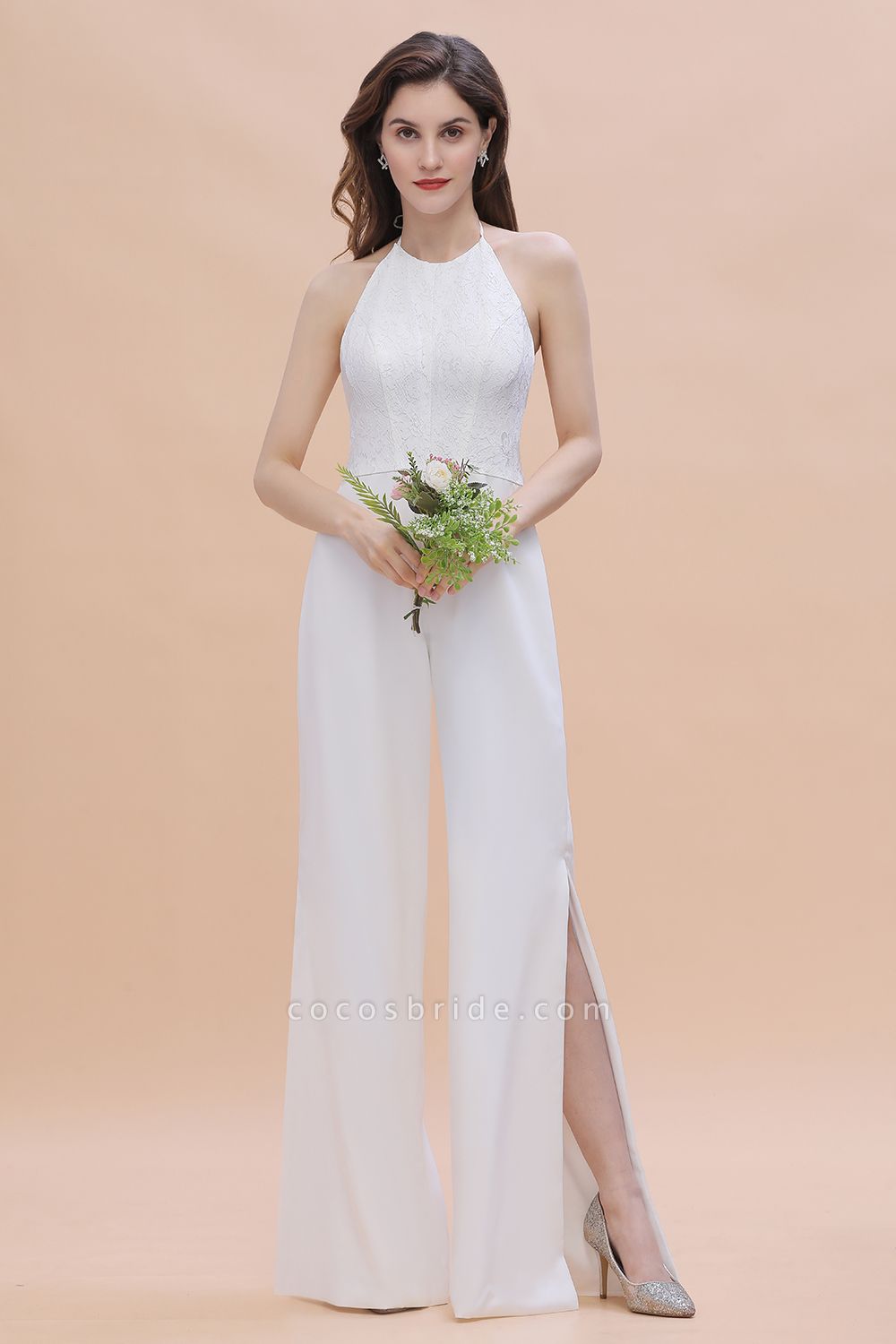 Simple White Floor-length Halter Jumpsuit Split Open Back Bridesmaid Dress
