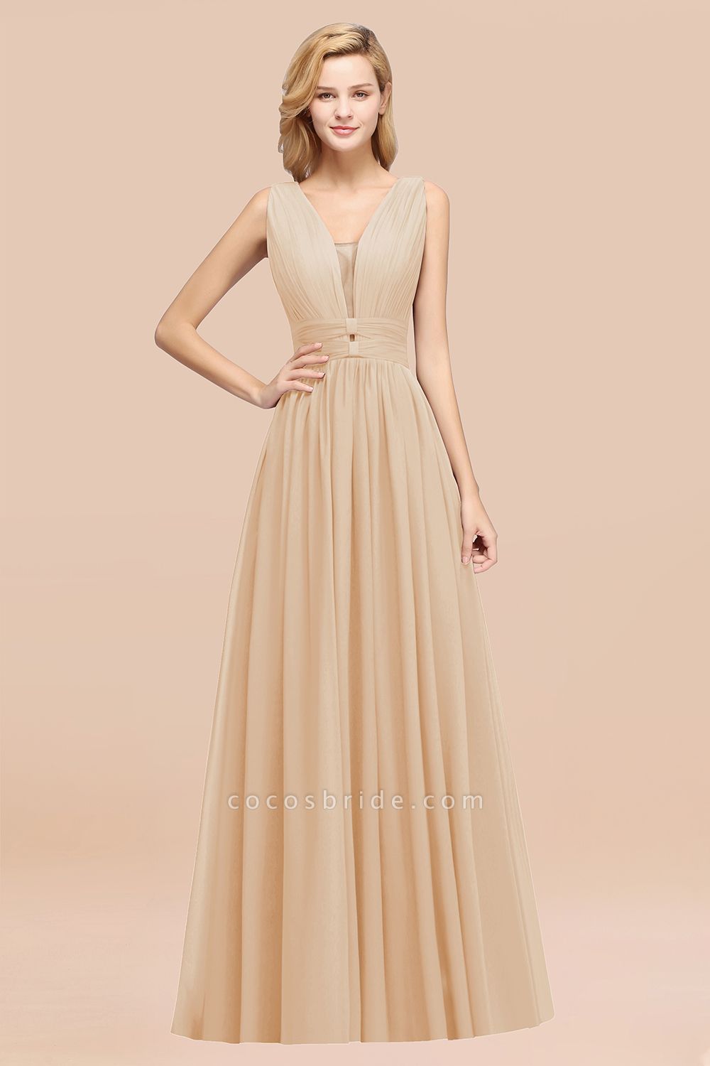 BM0214 A-Line Chiffon V-Neck Sleeveless Long Bridesmaid Dress