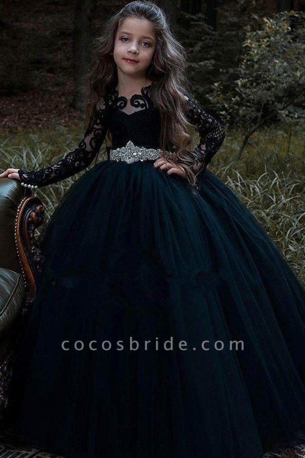 Black Bateau Long Sleeve Appliques Lace Pearl Floor-length Tulle Princess Flower Girl Dress