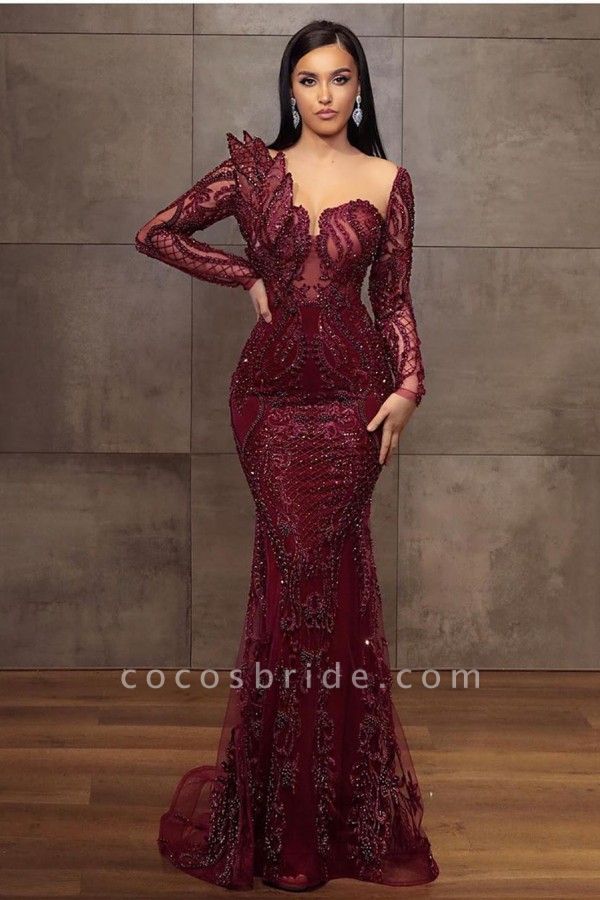 Stunning Burgundy Long Mermaid Sweetheart Lace Tulle Formal Evening Dresses