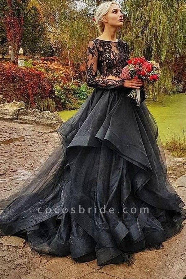 Modest Long Two Piece Tulle Lace Puffy Black Wedding Dress With Sleeves