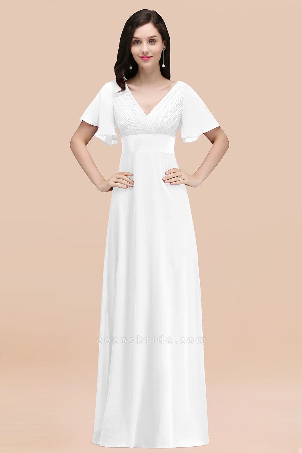 Simple A-Line Chiffon V-Neck Short-Sleeves Ruffles Floor-Length Bridesmaid Dresses