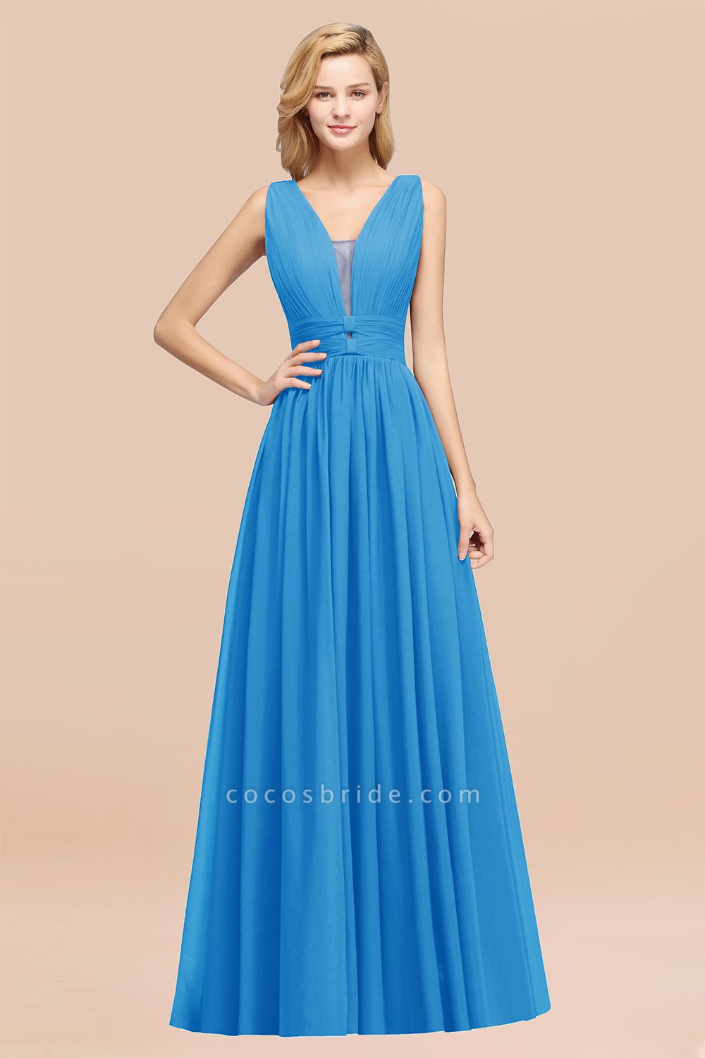 BM0214 A-Line Chiffon V-Neck Sleeveless Long Bridesmaid Dress