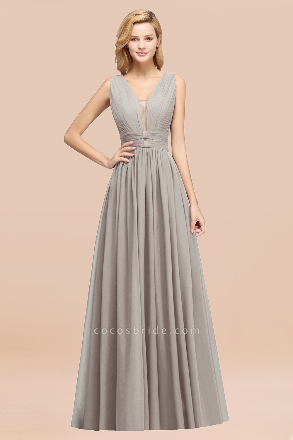 BM0214 A-Line Chiffon V-Neck Sleeveless Long Bridesmaid Dress