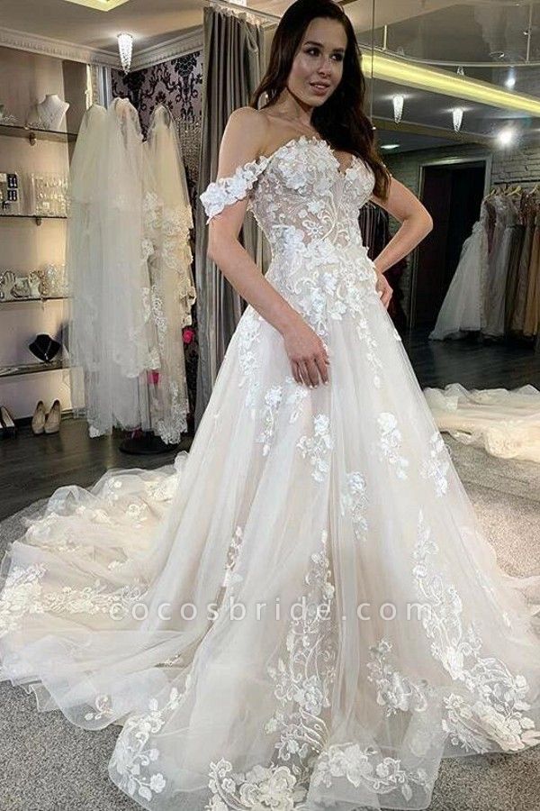 Simple Long A-line Tulle Off-the-Shoulder Lace Appliques Wedding Dress