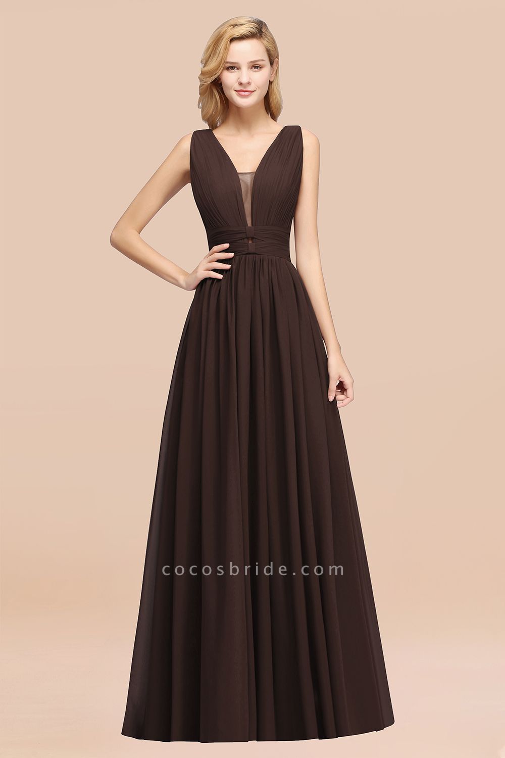 BM0214 A-Line Chiffon V-Neck Sleeveless Long Bridesmaid Dress