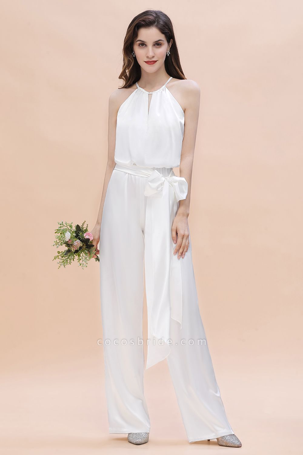Elegant White Halter Bridesmaid Dress Floor-length Jumpsuit With Bowknot