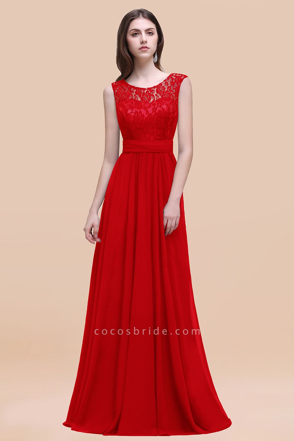 Elegant A-line Chiffon Lace Scoop Sleeveless Floor-Length Bridesmaid Dress