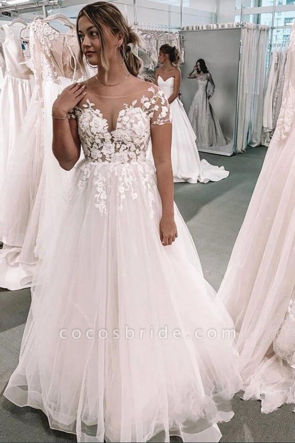 Vintage A-Line Bateau Short Sleeve Appliques Lace Floor-length Tulle Wedding Dress