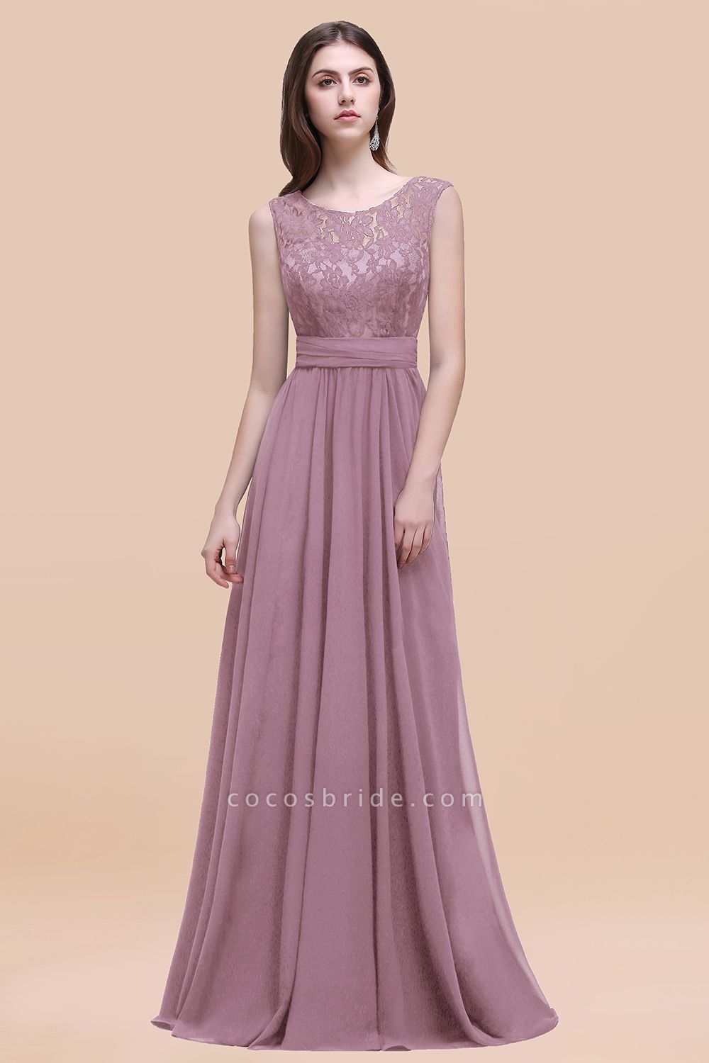 Elegant A-line Chiffon Lace Scoop Sleeveless Floor-Length Bridesmaid Dress