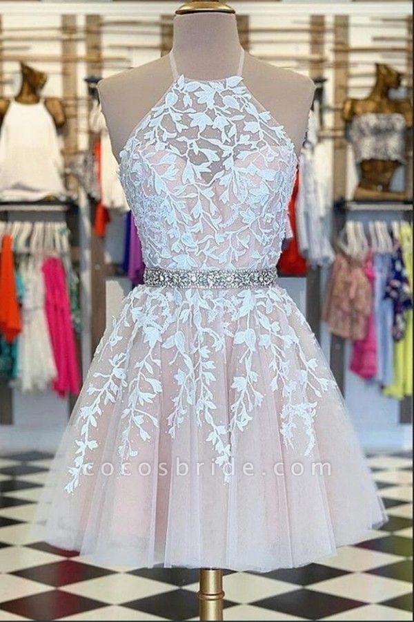 Petite A-line Halter Appliques Lace Tulle Knee-length Prom Dress With Sash