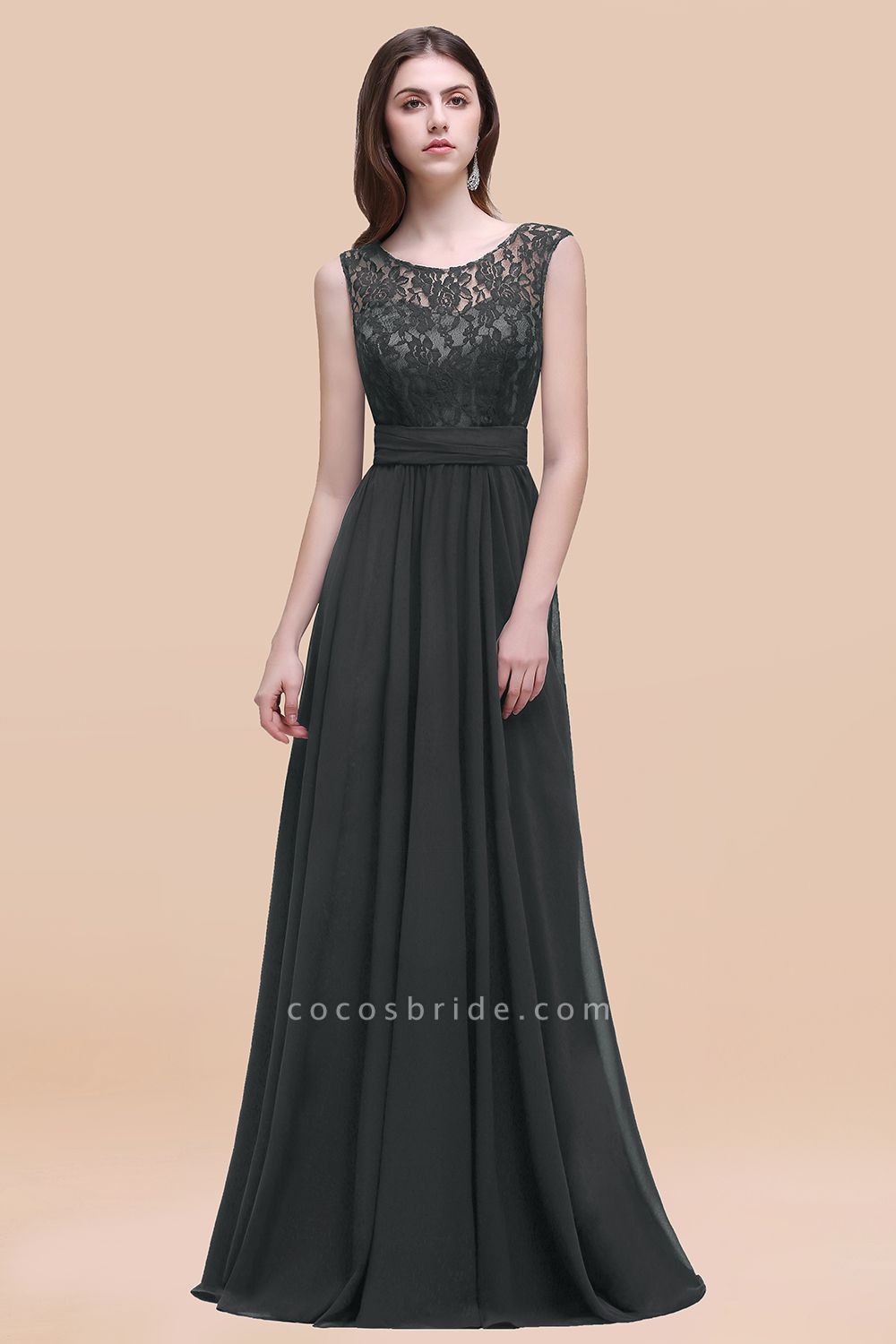 Elegant A-line Chiffon Lace Scoop Sleeveless Floor-Length Bridesmaid Dress