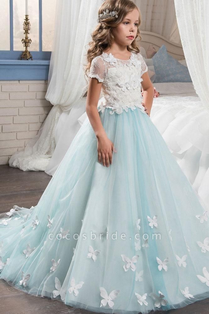 Pink Scoop Neck Short Sleeves Ball Gown Flower Girls Dress