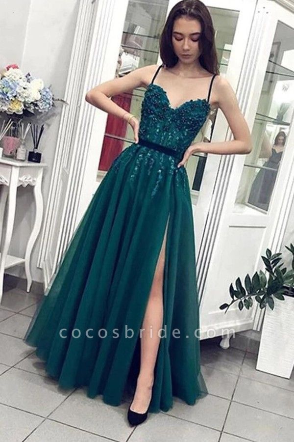Classy Sweetheart Spaghetti Straps A-line Beading Tulle Floor-length Prom Dress With Slit