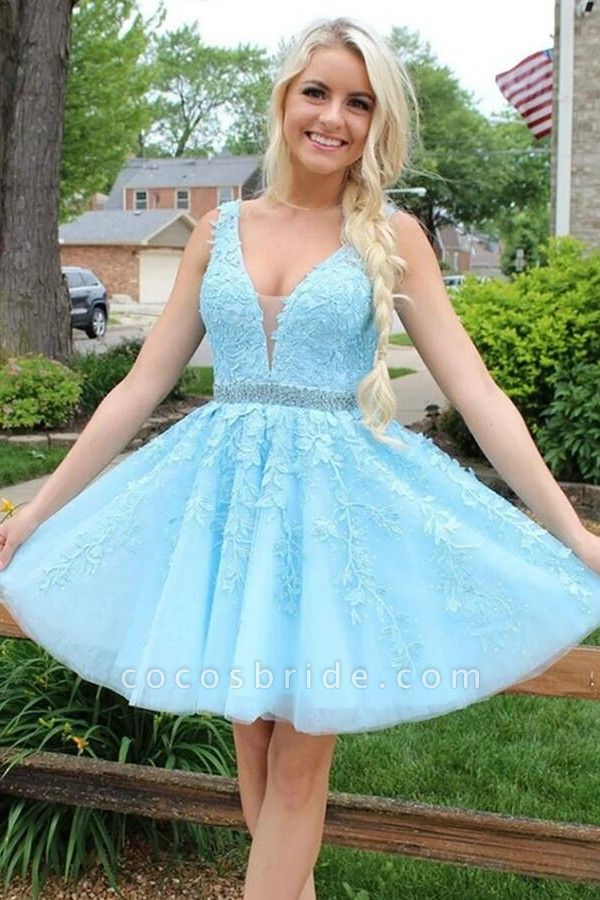Petite V-neck A-line Appliques Lace Backless Tulle Ruffles Short Prom Dress