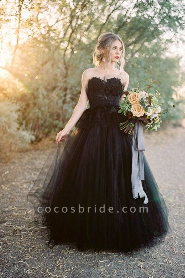 Classy Long Princess Sweetheart Open Back Tulle Black Wedding Dress with Lace