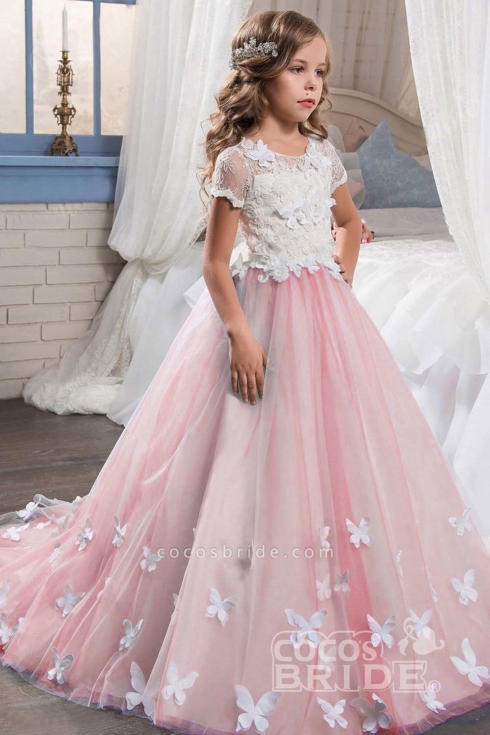 Rosa U-Ausschnitt mit kurzen Ärmeln Duchesse-Kleid für Blumenmädchen