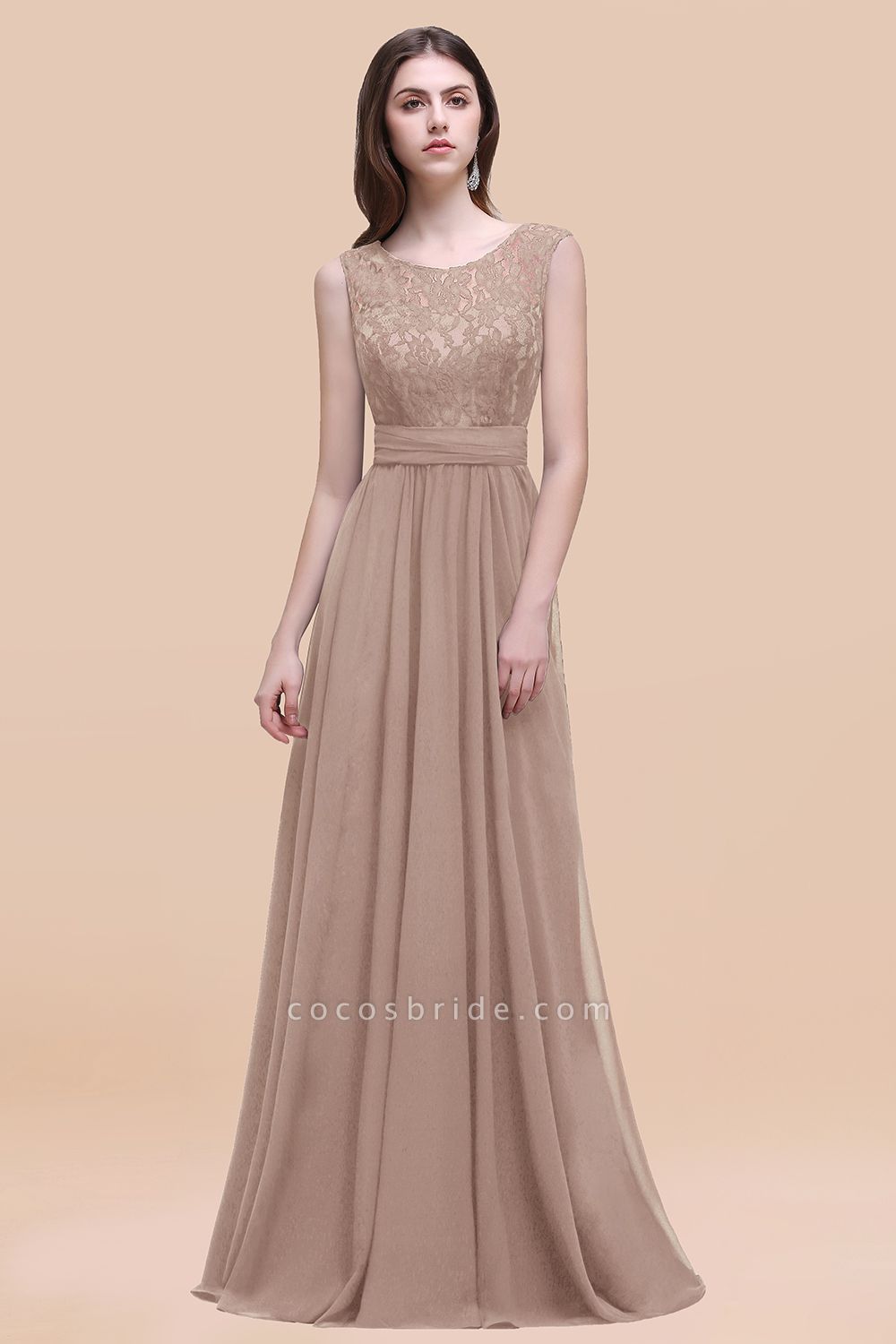 Elegant A-line Chiffon Lace Scoop Sleeveless Floor-Length Bridesmaid Dress