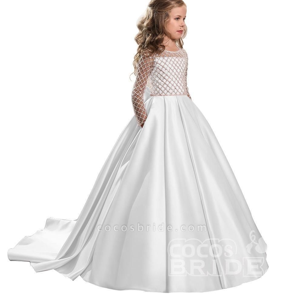 Weißes U-Ausschnitt mit langen Ärmeln Duchesse-Kleid Blumenmädchenkleid
