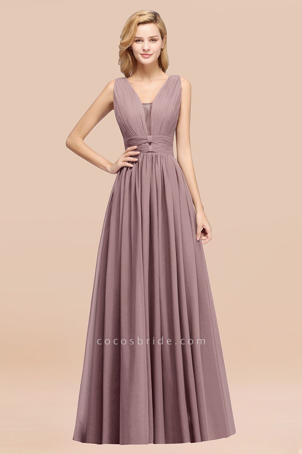 BM0214 A-Line Chiffon V-Neck Sleeveless Long Bridesmaid Dress