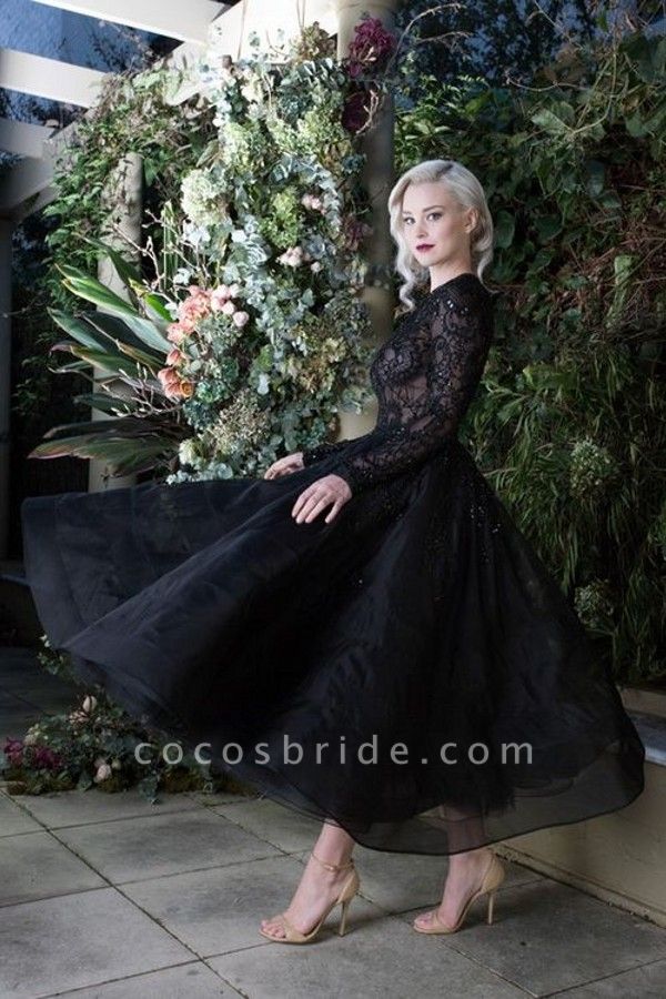 Elegant Black Bateau Long Sleeve Appliques Lace Tea-length Wedding Dress