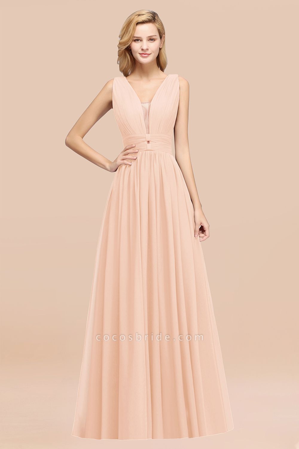 BM0214 A-Line Chiffon V-Neck Sleeveless Long Bridesmaid Dress