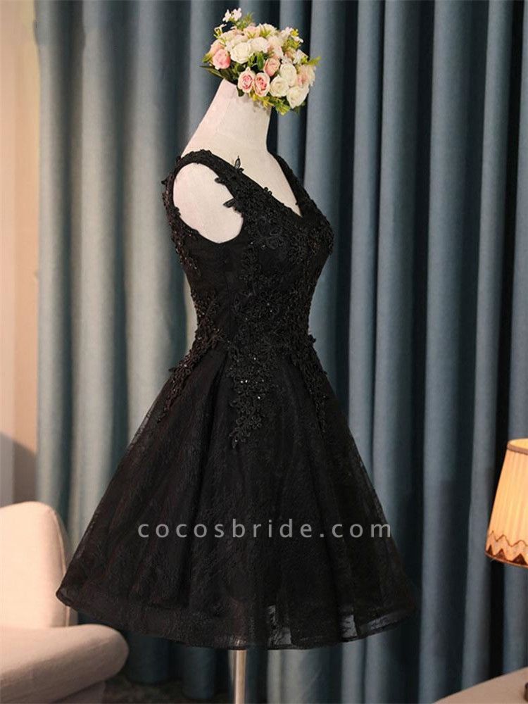 Attractive Black Appliques Lace Sequins Tulle Short A-line Prom Dress