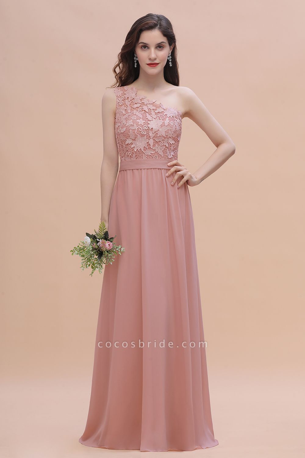 One Shoulder Floor-length A-Line Chiffon Bridesmaid Dress With Appliques Lace