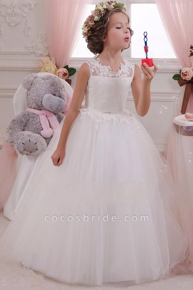 White Scoop Neck Sleeveless Ball Gown Flower Girls Dress