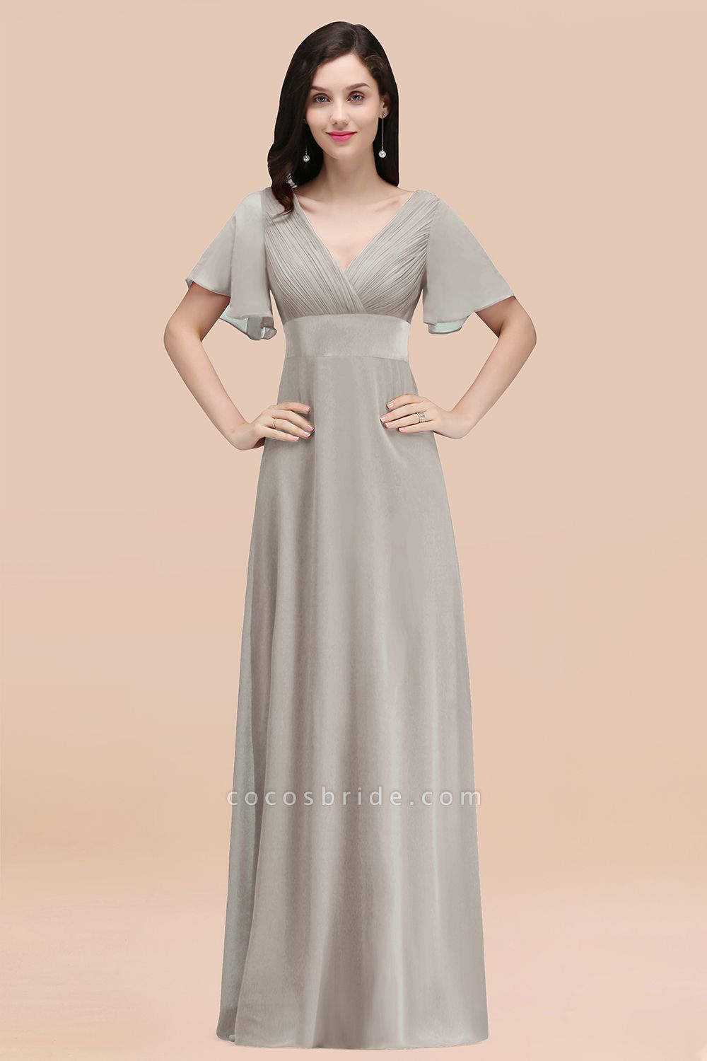 Simple A-Line Chiffon V-Neck Short-Sleeves Ruffles Floor-Length Bridesmaid Dresses