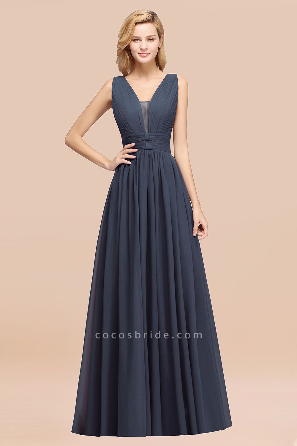 BM0214 A-Line Chiffon V-Neck Sleeveless Long Bridesmaid Dress