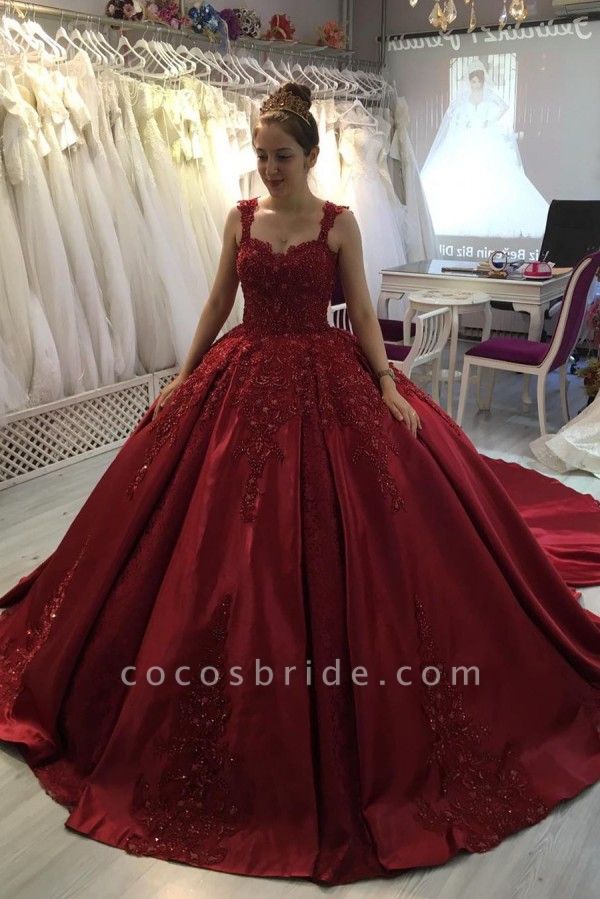Gorgeous Train Sweetheart Spaghetti Straps Appliques Lace Satin Princess Prom Dress