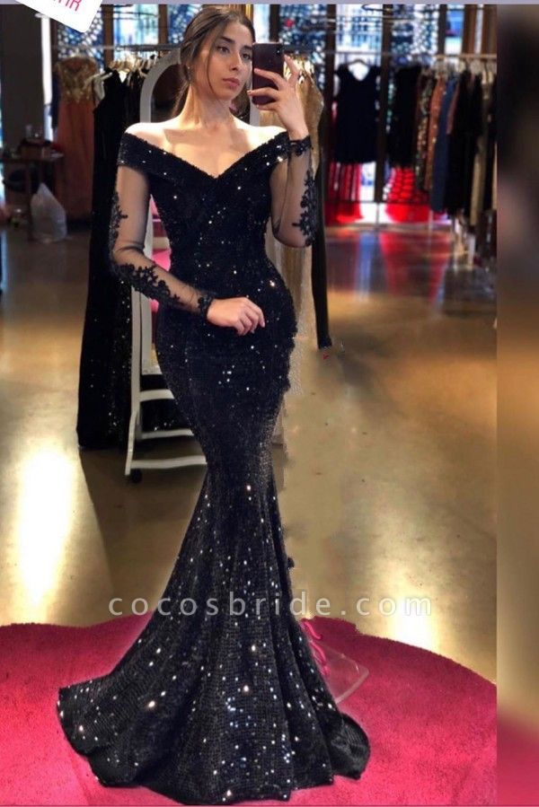 Sexy Balck Off-the-shoulder Long Sleeve Appliques Lace Sequins Floor-length Mermaid Prom Dress