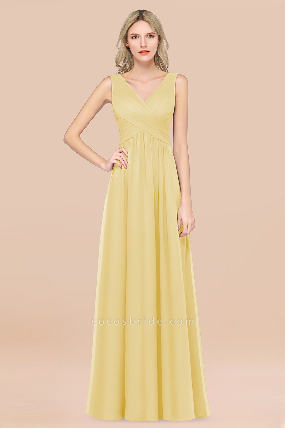 A-Line Chiffon Straps V-Neck Sleeveless Floor-Length Bridesmaid Dress with Ruffles