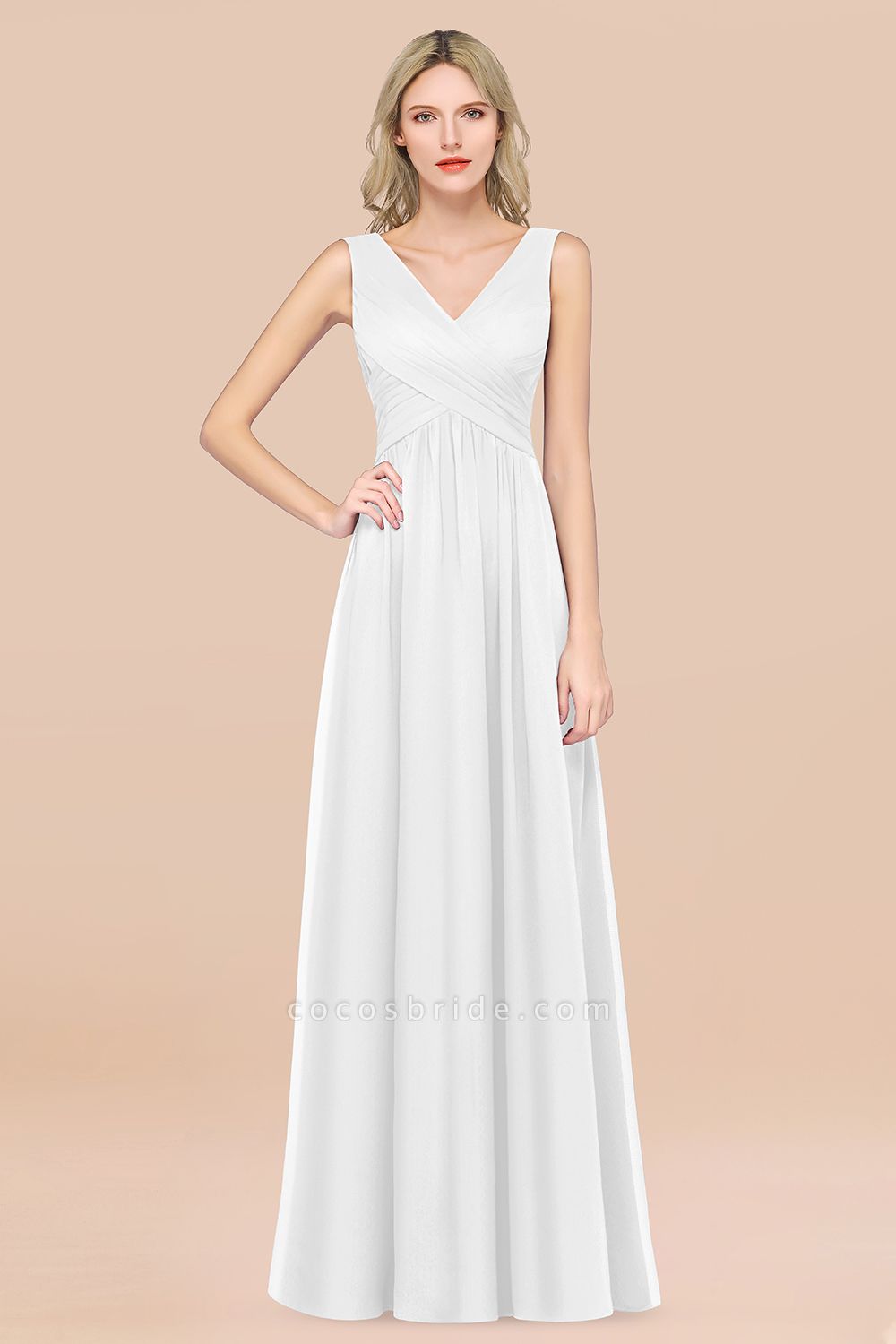 A-Line Chiffon Straps V-Neck Sleeveless Floor-Length Bridesmaid Dress with Ruffles