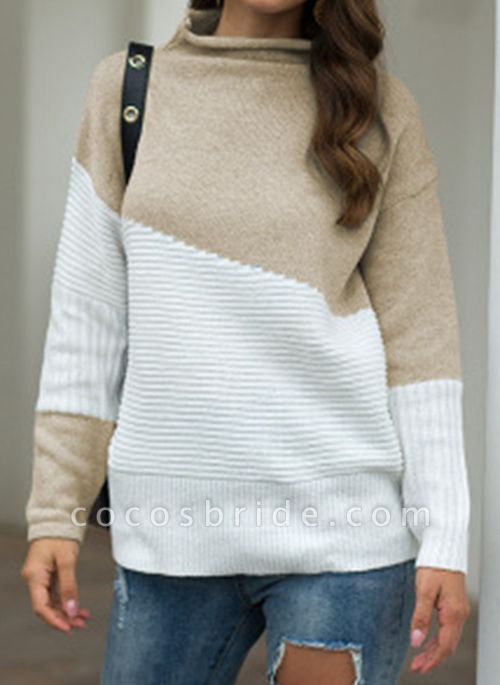Round Neckline Color Block Casual Loose Regular Shift Sweaters