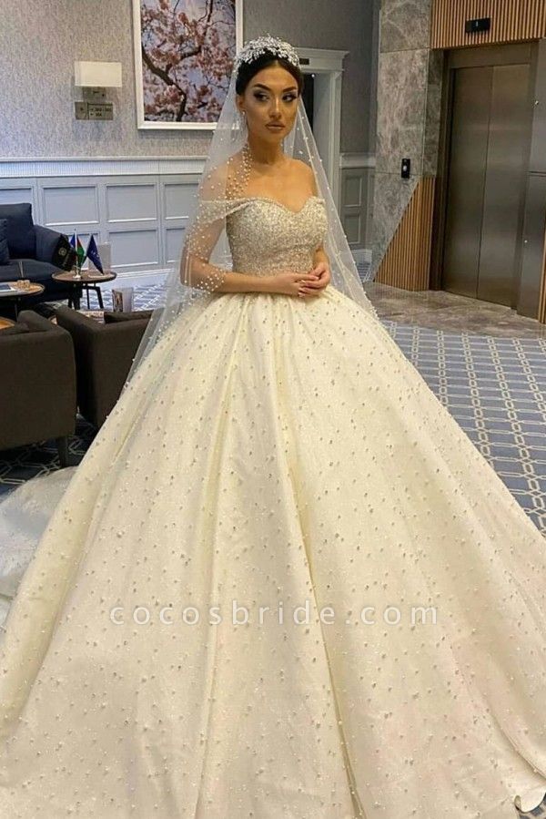 Gorgeous Sweetheart Off-the-Shoulder Backless Pearl Beading Ruffles Tulle Ball Gown Wedding Dress
