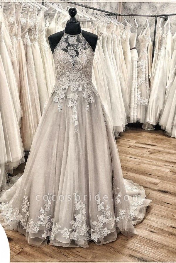 Elegant A-line Halter Backless Appliques Lace Tulle Ruffles Train Wedding Dress