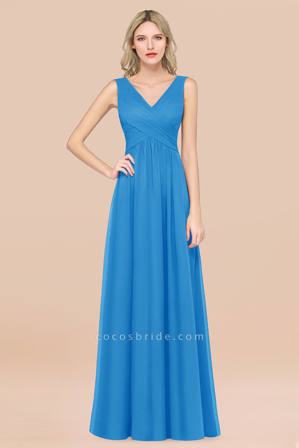 A-Line Chiffon Straps V-Neck Sleeveless Floor-Length Bridesmaid Dress with Ruffles