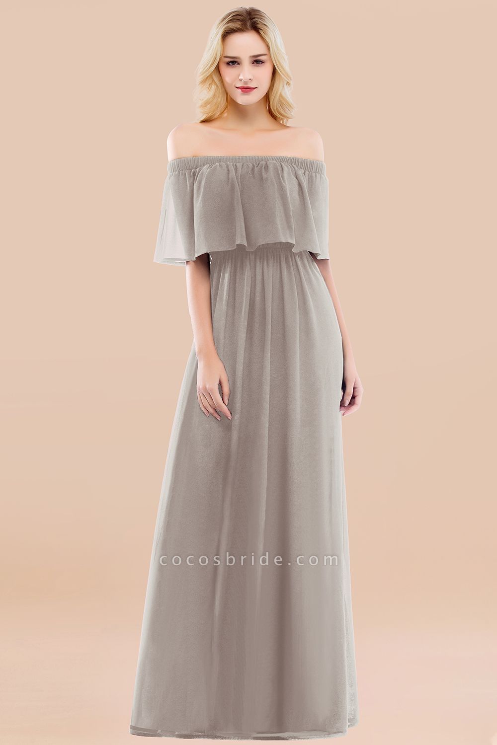 A-line Chiffon Off-the-Shoulder Short-Sleeves Ruffles Floor-length Bridesmaid Dress