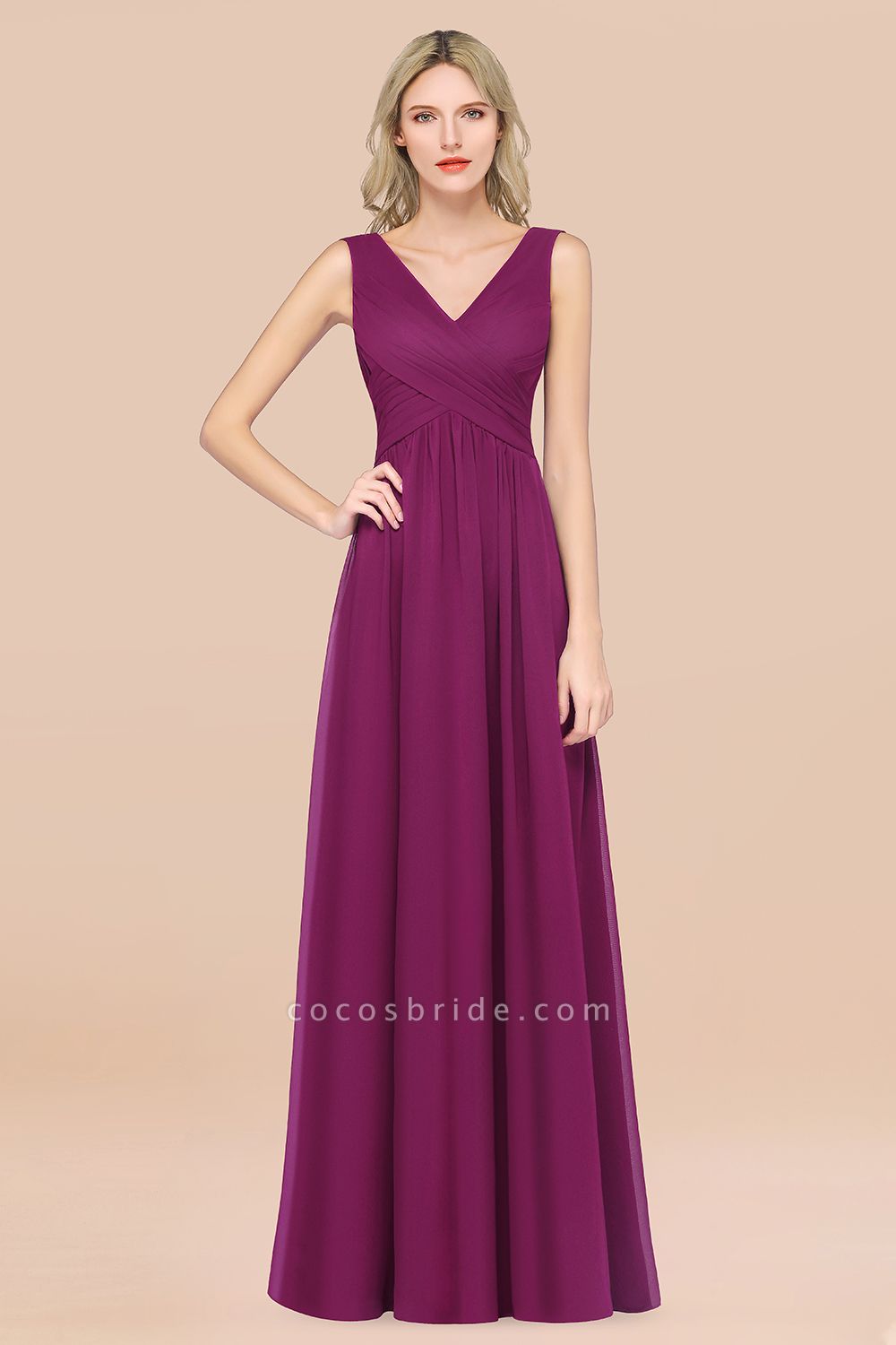 A-Line Chiffon Straps V-Neck Sleeveless Floor-Length Bridesmaid Dress with Ruffles