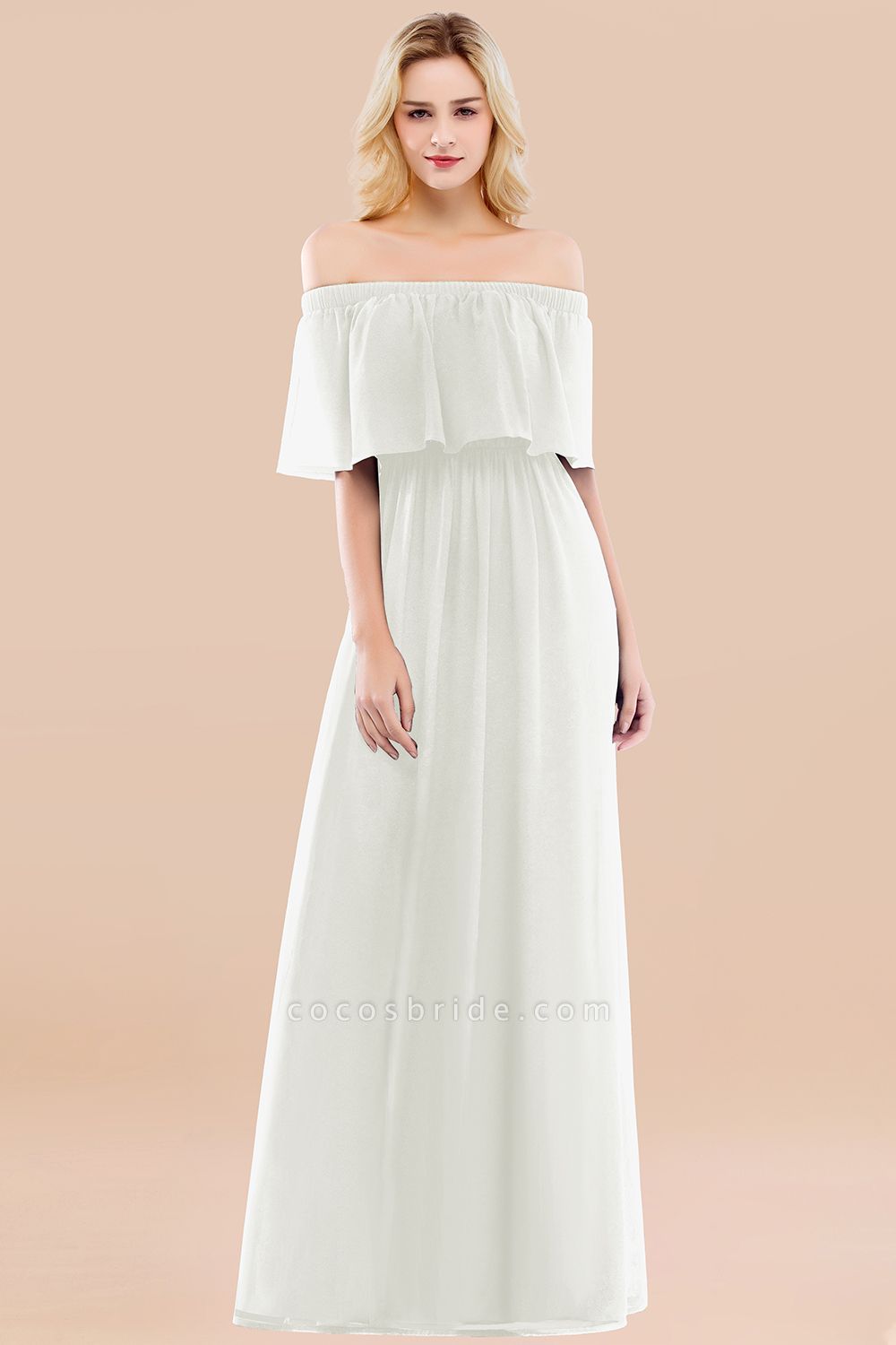 A-line Chiffon Off-the-Shoulder Short-Sleeves Ruffles Floor-length Bridesmaid Dress