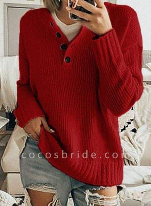 V-Neckline Solid Casual Loose Regular Buttons Sweaters