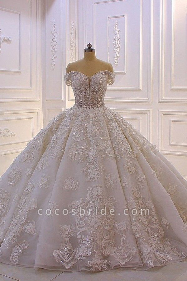 Gorgeous Sweetheart Off-the-Shoulder Backless Appliques Lace Ruffles Tulle Princess Wedding Dress