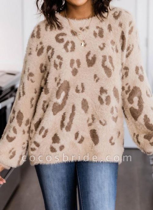 Round Neckline Leopard Casual Loose Regular Shift Sweaters