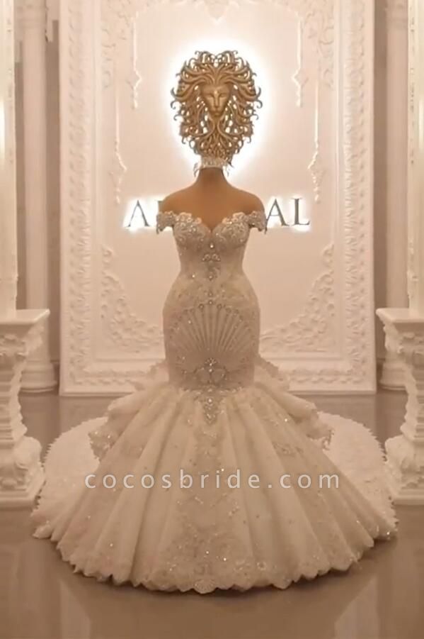 Wunderschöne schulterfreie, bodenlange, rückenfreie Meerjungfrauen-Hochzeitskleider aus Kristall